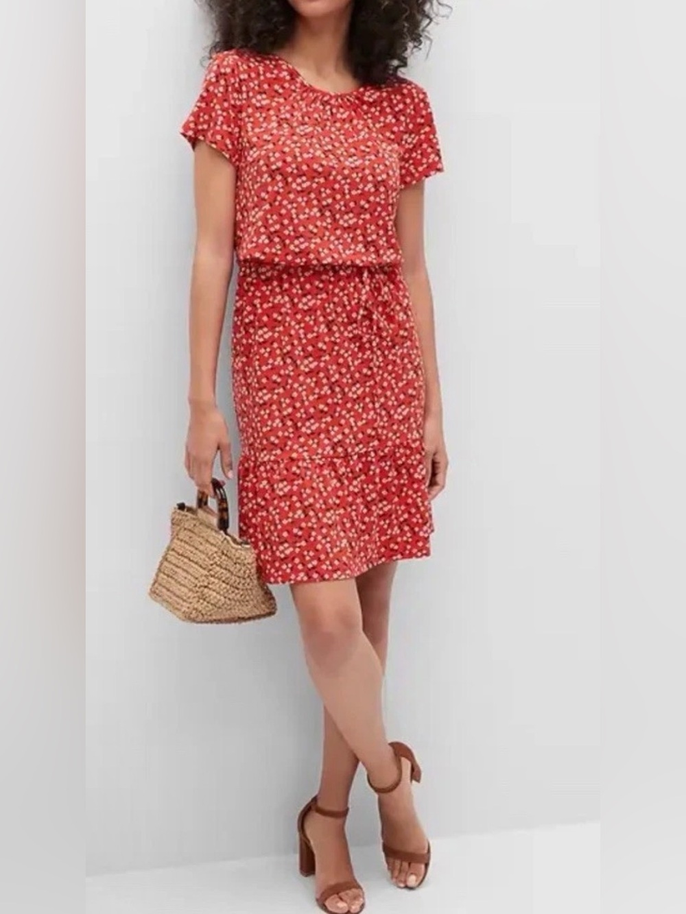 BANANA REPUBLIC Flounced Hem Fit & Flare Dress Cottagecore Red Ditsy Floral L